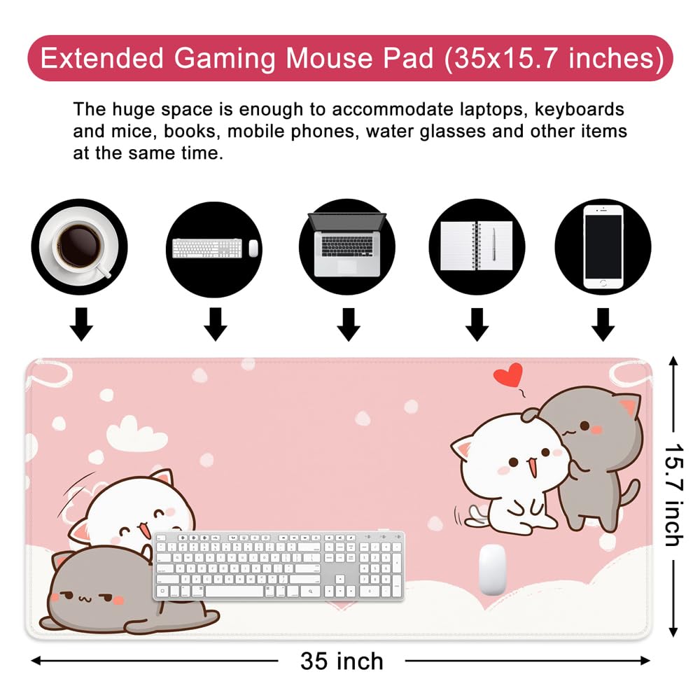 Pink Gaming Mouse Pad Cute Large Mouse Pad 35x15.7x0.12 inch Extra Large Mouse Pad Cat Theme Pink and White Mouse Pad (Cat - 5)