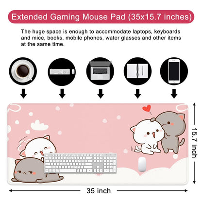 Pink Gaming Mouse Pad Cute Large Mouse Pad 35x15.7x0.12 inch Extra Large Mouse Pad Cat Theme Pink and White Mouse Pad (Cat - 5)