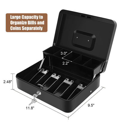 Sumerfnt Cash Box with Money Tray and Lock Money Box for Cash, Metal Locking Cash Box - 11.8" x 9.4" x 3.54" Black