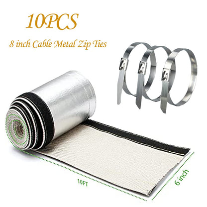 Aluminized Heat Shroud Sleeving Heat Sheath Fuel line Wire Protection Silver Hose with 10 Pcs Metal Zip Ties (1.5''I.D. x 10FT)