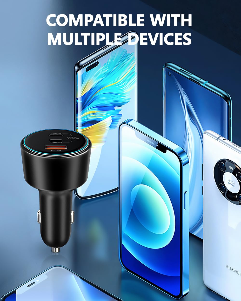 200W Car Charger, USB C Car Charger PD3.0 QC4.0 PPS Fast Charging Car Adapter with 2 100W USB C Cable 3 Port Type C Cigarette Lighter for Dell XPS, MacBook, iPhone 16 15 14, Galaxy S24 Ultra, iPad Pro