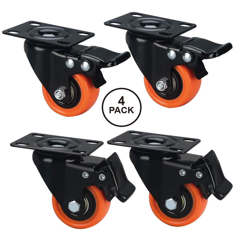 ASRINIEY Caster Wheels, 2 inch Casters Set of 4 Heavy Duty - Castor Wheels with Brake, Top Plate Swivel Orange Polyurethane Wheels, Locking Casters for Furniture and Cart