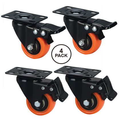 ASRINIEY Caster Wheels, 2 inch Casters Set of 4 Heavy Duty - Castor Wheels with Brake, Top Plate Swivel Orange Polyurethane Wheels, Locking Casters for Furniture and Cart