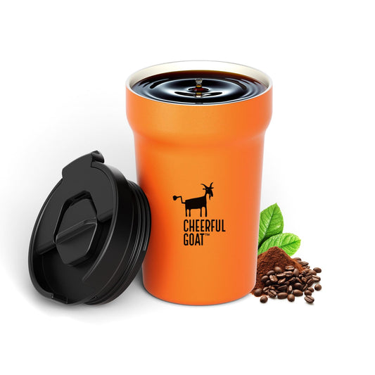 CHEERFUL GOAT Ceramic Lined Coffee Travel Mug – Stainless Steel Travel Coffee Tumbler with Ceramic Liner, with lid, 12oz Coffee Cup for Hot and Cold Water Coffee at Home, Office, or On the Go (Orange)