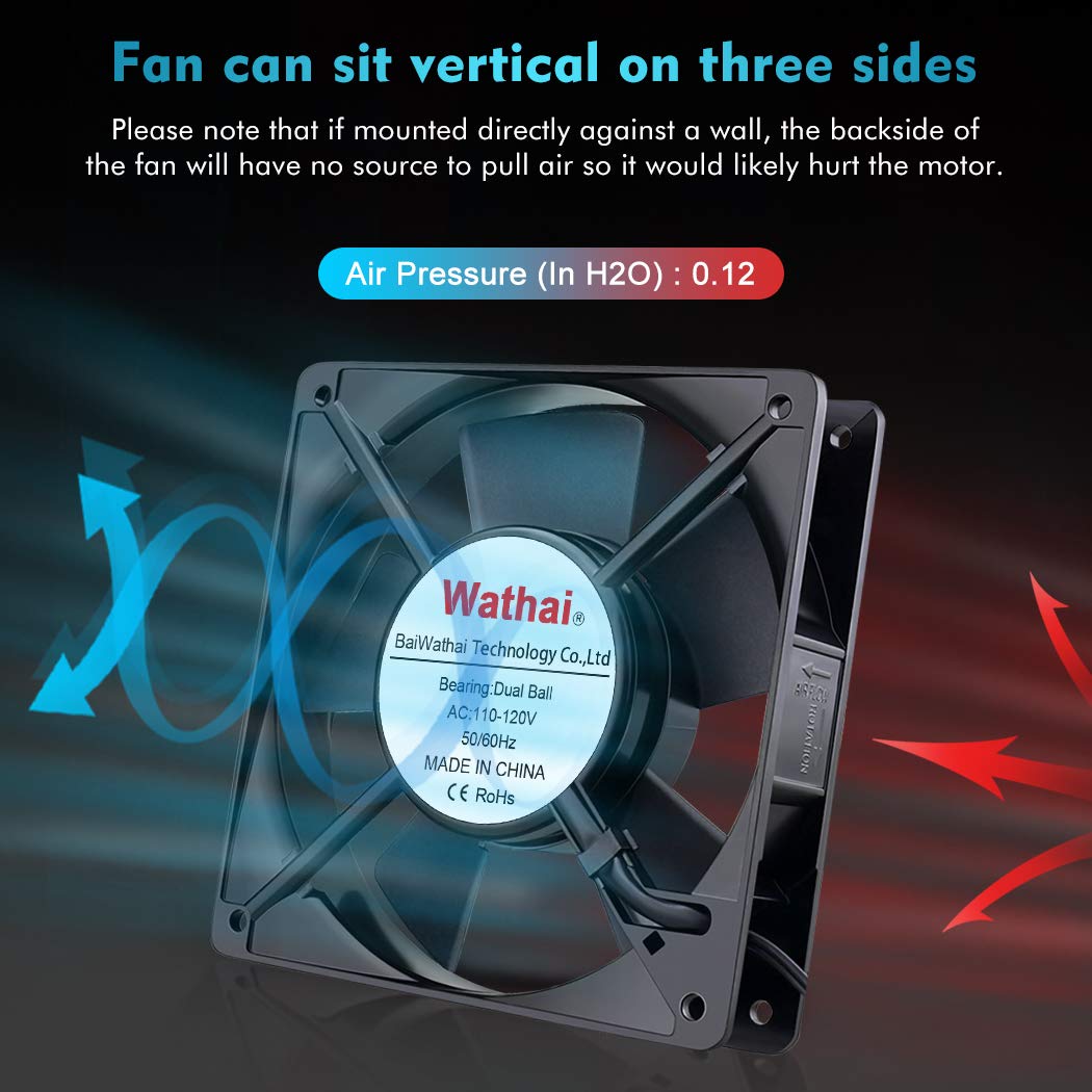 Wathai 120mm x 25mm AC Power Muffin Axial Fan 110V/120V Dual Ball for DIY Cooling, Ventilation, Exhaust Projects (5 Inch, 65 CFM, 2400 RPM, 15W, 37/40 dBA)