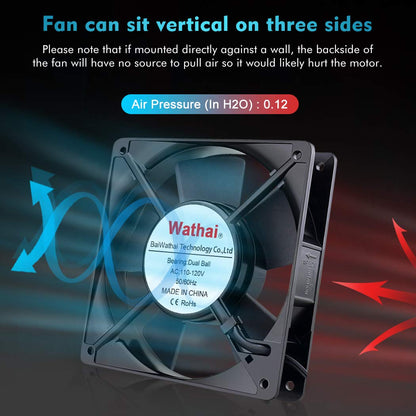 Wathai 120mm x 25mm AC Power Muffin Axial Fan 110V/120V Dual Ball for DIY Cooling, Ventilation, Exhaust Projects (5 Inch, 65 CFM, 2400 RPM, 15W, 37/40 dBA)
