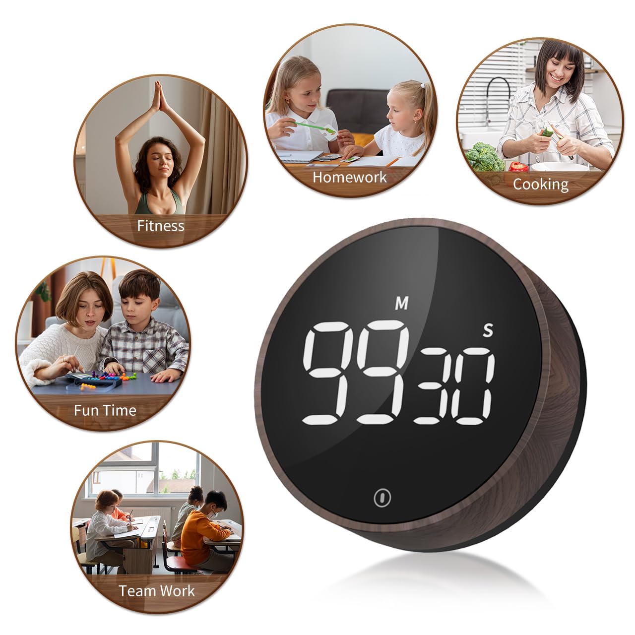 VOCOO Digital Kitchen Timer - Magnetic Countdown Countup Timer with Large LED Display Volume Adjustable, Easy for Cooking and for Seniors and Kids to Use (Deep Woodgrain)