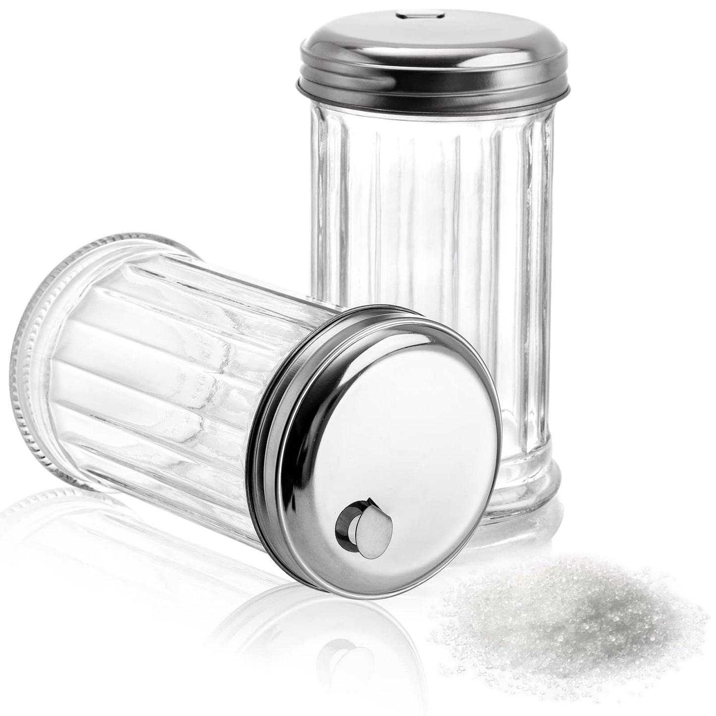 Tebery 4 Pack Sugar Shaker Dispenser Airtight, 12 Oz Thick Glass Sugar Pourer Container with Pour Flap Lid, Powdered Creamer Spice Dispenser for Coffee Bar, Salt, Pepper, Retro Style