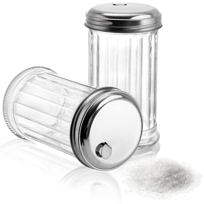 Tebery 4 Pack Sugar Shaker Dispenser Airtight, 12 Oz Thick Glass Sugar Pourer Container with Pour Flap Lid, Powdered Creamer Spice Dispenser for Coffee Bar, Salt, Pepper, Retro Style