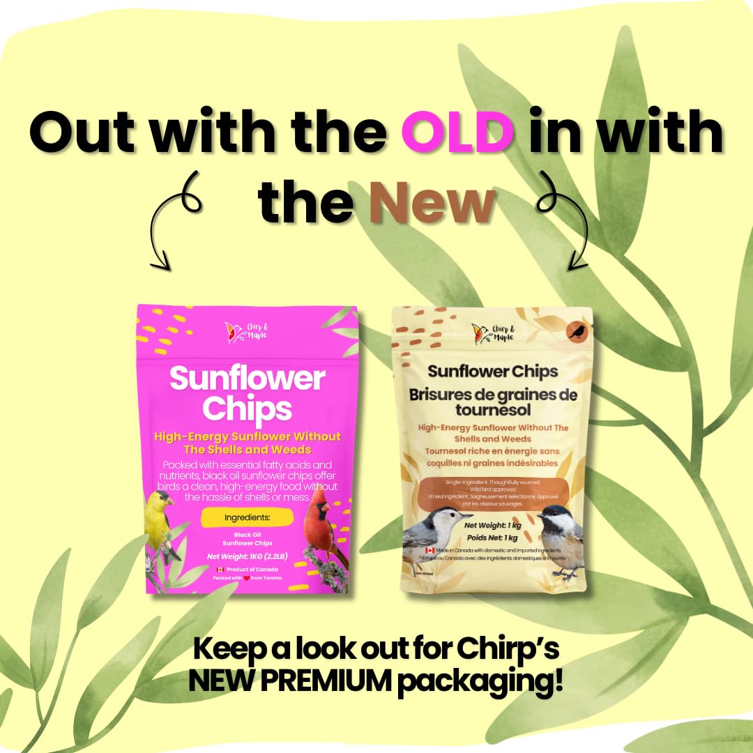 Chirp & Maple, Sunflower Chips, 1KG (2.2lb), Wild Bird Food, Cardinal & Finch Feed, No Mess