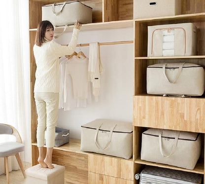 Pack of 2, 70 * 50 * 28cm, Big Size Soft Cotton Canvas Clothes Storage Bags for Garment, Sweaters, Duvets, King/Queen Size Bedding Organizer Containers, Breathable, Washable