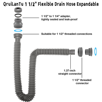 QruiLanTu 1 1/2" Flexible Drain Hose, Extendable Flexible Sink Drain Hose P-Trap with Adapter Suitable for Kitchens Bathrooms Outdoors and RVs (15 in-42.4in/58 cm-107 cm)