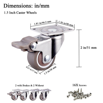 1.5 Inch Caster Wheels for Furniture, Silent Bearing Swivel Plate Casters Set of 4 Heavy Duty Load 150 Lbs, No Noise Rubber Caster Wheels for Small Furniture (2 with Brakes & 2 Without)
