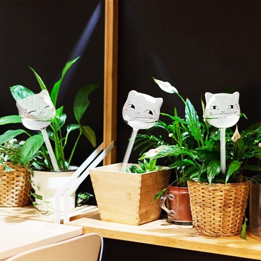 3 Pack Clear Plant Self-Watering Globe,Hand-Blown Glass Bulb Pot Plant Waterer Automatic Irrigation System,Cat Shape Bulbs, Planter Insert for Indoor & Outdoor Plants, Vacation