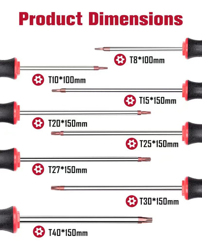 ROTATION 8PCS Magnetic Tip Torx Screwdriver Set, 8 Torx Star Screwdrivers, T8, T10, T15, T20, T25, T27, T30, T40 Red Tip | Red, Gloss, S2 Steel