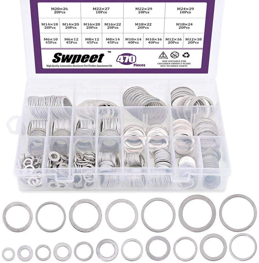 Swpeet 470Pcs Automotive Metric Oil Drain Plug Gasket Aluminum Flat Washer Assortment Kit, Including 18 Different Sizes - M6 M8 M10 M12 M14 M16 M18 M22 M24