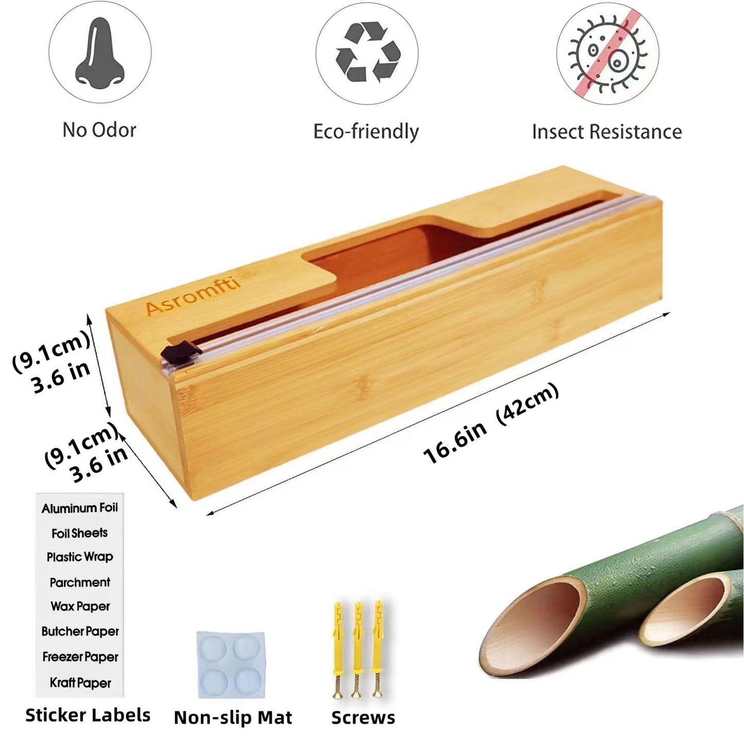 15 in Long Foil and Plastic Wrap Dispenser with Slide Cutter, Bamboo Kitchen roll Organizer Holder for 15’’roll,Compatible with Aluminum Foil, Parchment Paper,Wax Paper,Cling Film