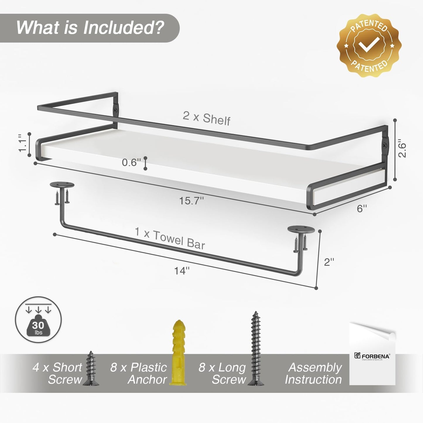 DNACHEW White Floating Shelves for Bathroom Organizer Over Toilet, Bathroom Shelves Wall Mounted with Towel Rack, Corner Wall Shelf for Bedroom Decor Kitchen Storage (White-Dark Grey, Set of 2)