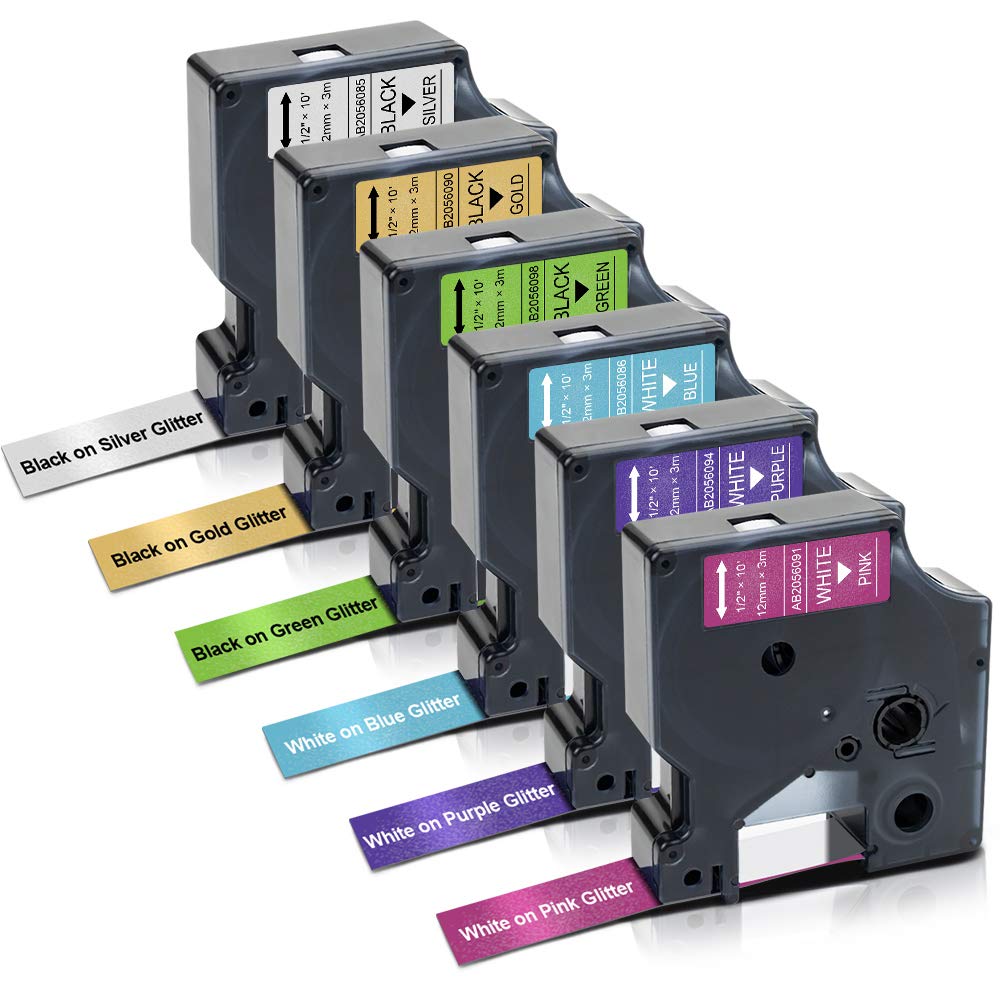 Absonic Compatible Label Tape Replacement for Colorpop D1 12mm 0.47 Label Maker Tape for LabelManager 160 280 210D 360D 420P, Black/White on Gold/Green/Blue/Pink/Purple/Silver Glitter, 1/2" x 10'