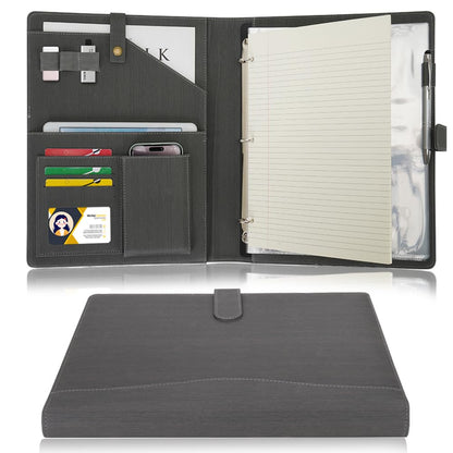 Wonderpool A4 Leather Portfolio Holder Ring File Document Case with Removable Binder Clipboard, Multi Pocket and Legal Pad for Business Organizer Interview and Meeting (Grey)