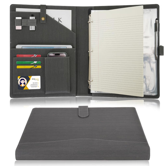 Wonderpool A4 Leather Portfolio Holder Ring File Document Case with Removable Binder Clipboard, Multi Pocket and Legal Pad for Business Organizer Interview and Meeting (Grey)
