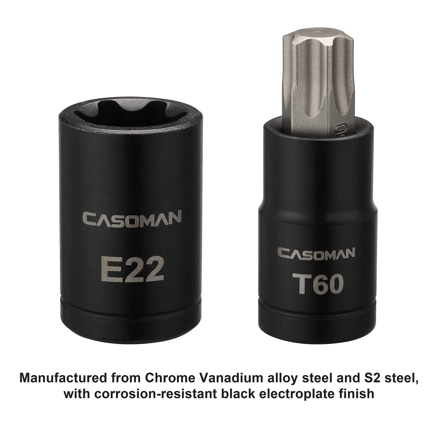 CASOMAN 25 Piece Torx Bit Socket and Female External Socket Set, 13 Star Socket Bits (T8- T60)& 12 Female E-Torx Sockets (E4-E22)