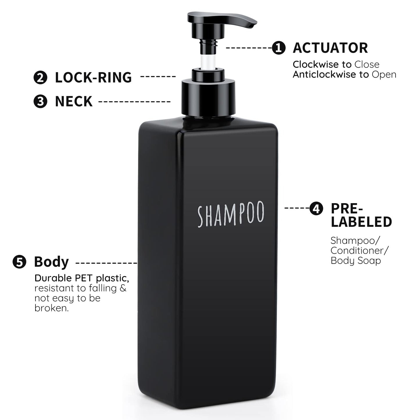 Segbeauty Square Soap Dispenser Black, 3pcs 500ml Refillable Shampoo and Conditioner Bottles, 16.9oz Empty Reusable Plastic Pump Bottle Bathroom Shower Dispenser Set for Body Wash Liquid Lotion