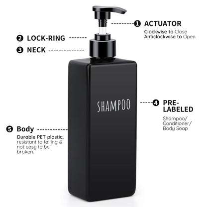 Segbeauty Square Soap Dispenser Black, 3pcs 500ml Refillable Shampoo and Conditioner Bottles, 16.9oz Empty Reusable Plastic Pump Bottle Bathroom Shower Dispenser Set for Body Wash Liquid Lotion