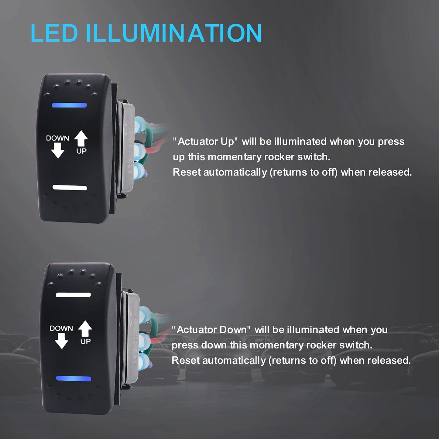 RECOIL LAS2 DPDT 20A DC 12V DC Motor Reverse Polarity Momentary Rocker Switch with Blue LED Pigtail Wire Actuator Up/Down with Adapter and Carling Switch