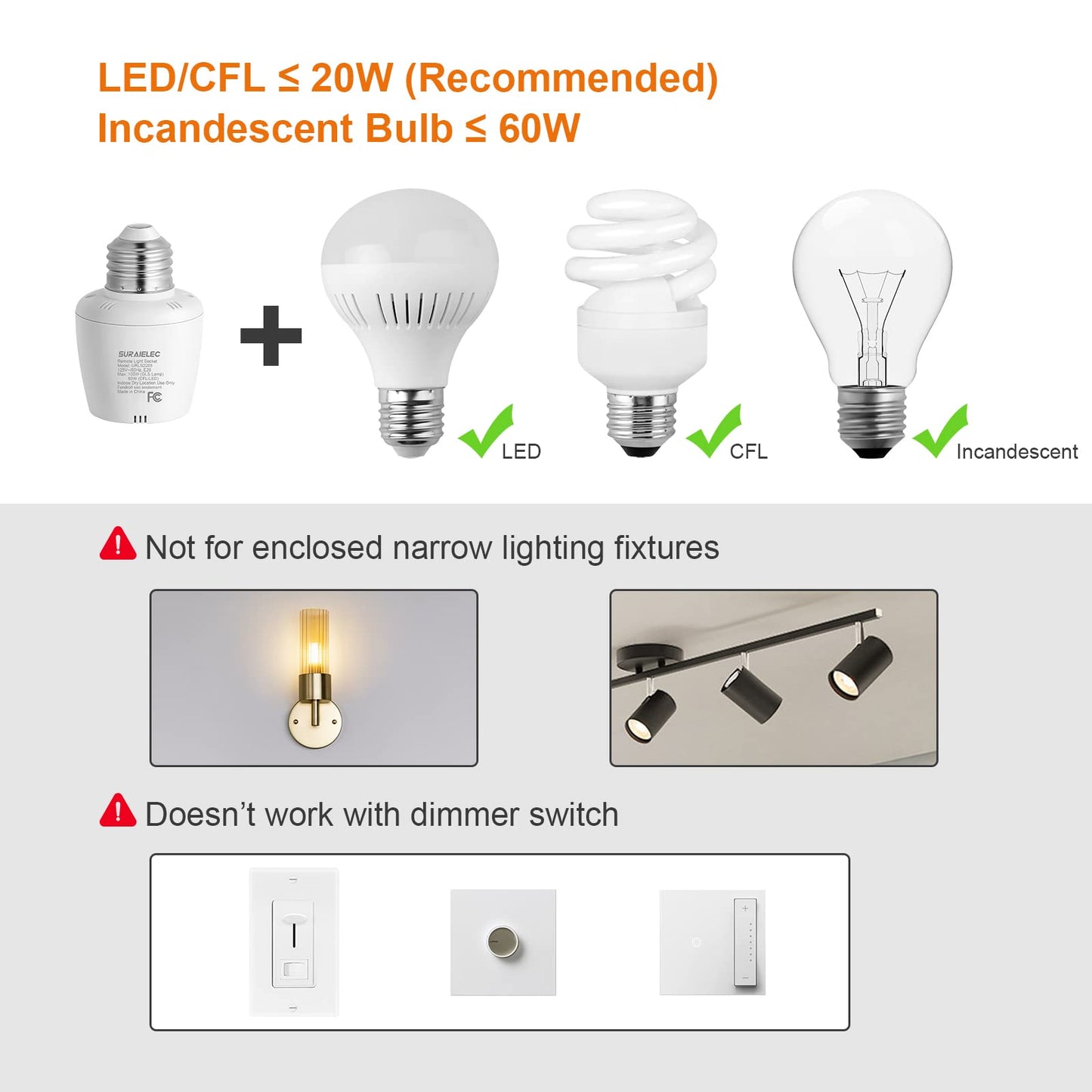 Suraielec Remote Control Light Bulb Socket, Wall Mount Switch, E26 E27 Lamp Socket, No Wiring, 100FT Range, Wireless Light Switch for Lamps, Pull Chain Light Fixture, Pull String (Shorter Version)