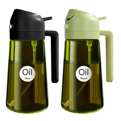 YARRAMATE 2PCS 16oz/470ml 2 in 1 Light Blockage Dark Oil Sprayer for Cooking, Food-Grade Green Glass Olive Oil Dispenser Bottle for Kitchen, Air Fryer, BBQ (Black & Green)