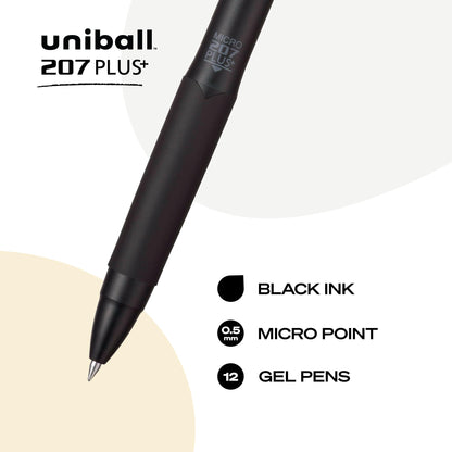 Uniball 207 Plus+ Retractable Gel Pens, Micro Point (0.5mm), Black, 12 Pack