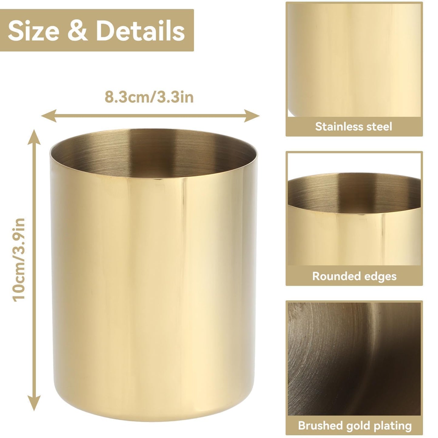 2PCS Gold Pen Holder, Round Pencil Cup Stainless Steel Makeup Brush Holder Desktop Stationery Organizer for Office and Vanity Desk