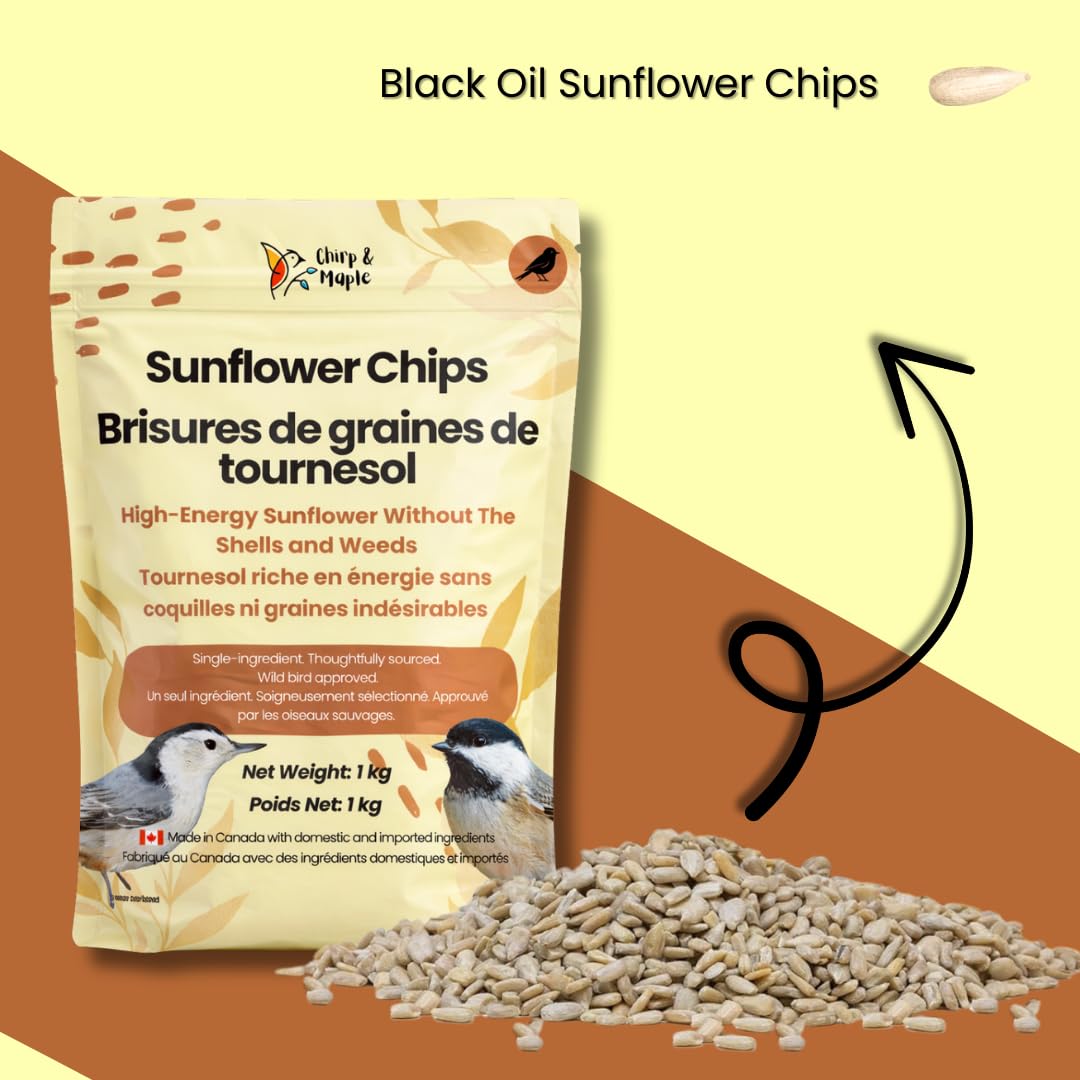 Chirp & Maple, Sunflower Chips, 1KG (2.2lb), Wild Bird Food, Cardinal & Finch Feed, No Mess
