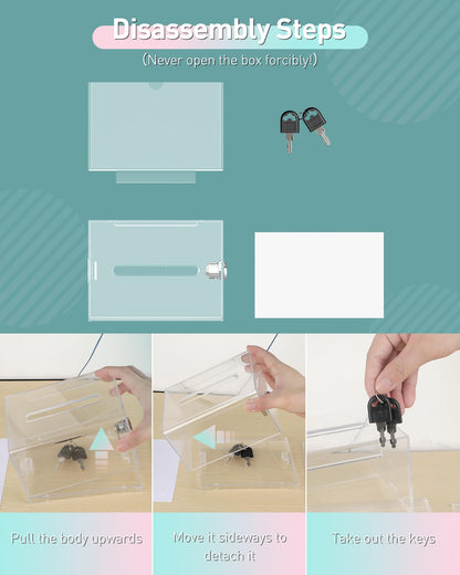 Uniclife 2 Pack Acrylic Donation Box with Lock and Sign Holder 6.2" x 4.7" x 4" Ballot Boxes with Slot Clear Plastic Suggestion Box Storage Container for Fundraising Voting Charity Tip Collection
