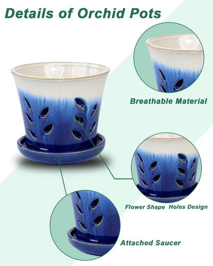 vensovo 6 Inch Ceramic Orchid Pot - Orchid Pot with Holes for Repotting, Ceramic Planter with Saucer for Indoor/Outdoor Plants