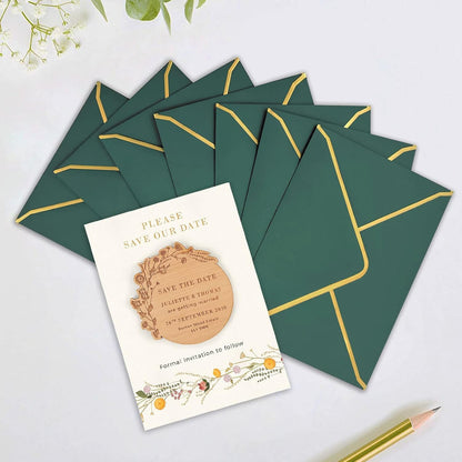 WEZCHUGHAOL 50 Pcs Invitation Envelopes, V-Flap Envelopes Mailing Card Envelopes, Quick Seal Envelopes with Gold Border for Birthday, Weddings, Graduations, Greeting Cards (Green, 5 x 7 inch)