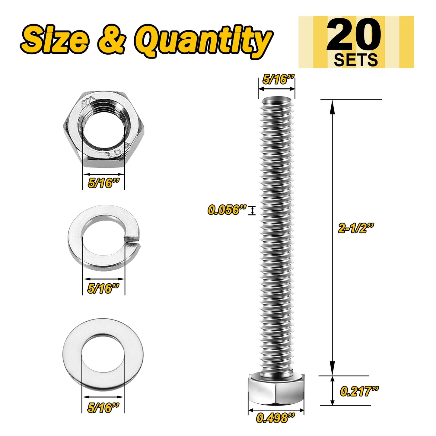 Mywish (20 Sets) 5/16-18 x 2-1/2", 5/16 Bolt Hex Head Assorted Screws Nuts and Bolts with Flat & Lock Washers, 304 Stainless Steel Metric Bolt Assortment 18-8, Fully Threaded