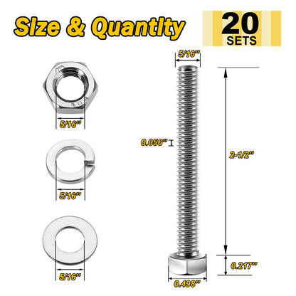 Mywish (20 Sets) 5/16-18 x 2-1/2", 5/16 Bolt Hex Head Assorted Screws Nuts and Bolts with Flat & Lock Washers, 304 Stainless Steel Metric Bolt Assortment 18-8, Fully Threaded