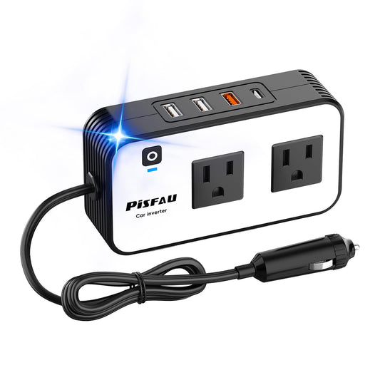 PiSFAU 200W Car Power Inverter, DC 12V to 110V AC Car Plug Adapter Outlet with 4 USB Fast Charging Port, Car Charger Cigarette Lighter Adapter for Laptop