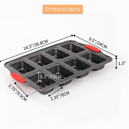 PLAZOTTA 2 Packs 8 Cavity Non-Stock Mini Loaf Pan with Silicone Handle, Mini Bread Loaf Baking Pan Mini Brownie Pan Cheesecake Mould Rectangular Bar