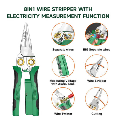 8 in 1 Wire Stripper Machine with Voltage Tester, Multifunctional Foldable Twister Electrical Pliers, Manual Durable Cutter Cable Crimping Pince Electrician Tool for Home Repair
