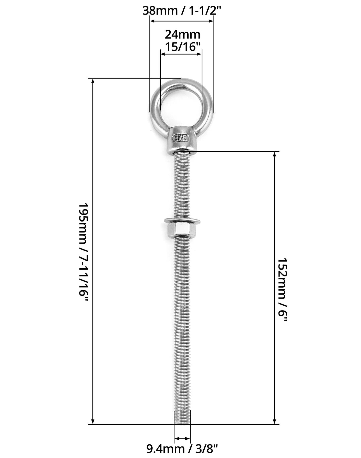 QWORK Threaded Eyebolts, 5 Pack 3/8" x 6" Long Stainless Steel Marine Grade Shoulder Eye Bolt