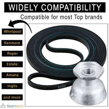 Seentech 341241 Dryer Belt & 8066184 Motor Pulley - Compatible for Whirlpool, Kenmore Dryers – Replace part number: PS11744884, W10290525, WP8066184VP, AP6011686, 8578565, W10299847, 3389627, 694871