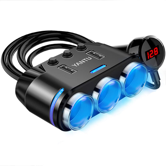YANTU Corded Car Charger 3 Socket Cigarette Lighter Splitter Dual USB Car Charger with LED Voltage Monitor and Separate Switch Compatible for Most Phones and Other USB Devices