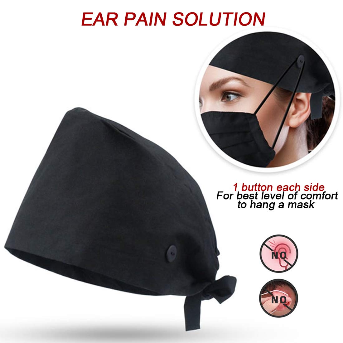 ATHPIK 3pcs Scrub Caps Solid Working Surgical Cap Nurse Hats with Buttons and Sweatband Adjustable Tie Back Hat for Women Men Medical
