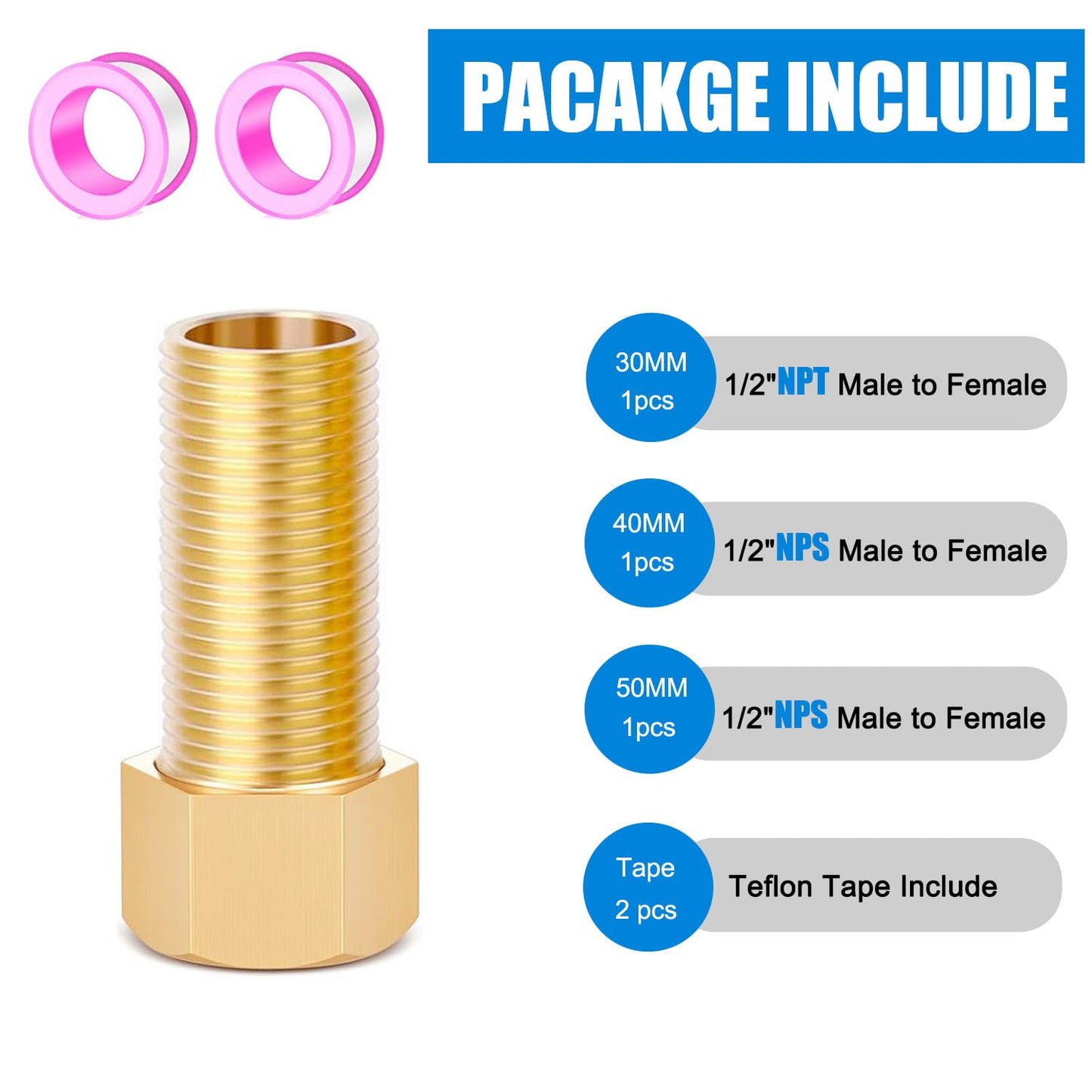 1/2" Brass Pipe Fitting, 1/2" Female to 1/2" Male Pipe Extension Fittings for Tub Spout/Shower,Brass Hex Bushing Adapter Reducer Adapter,Length 30MM/40MM/50MM (3PCS) with Teflon Tape (2pcs)