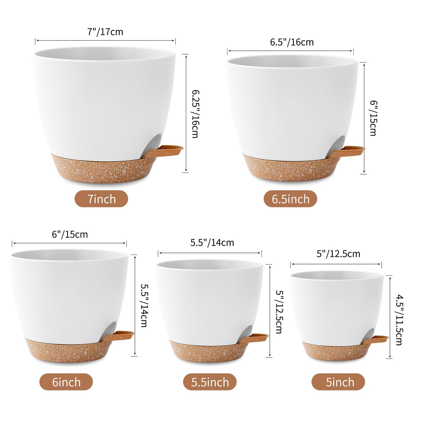 5 Pack Plant Pots Indoor 7/6.5/6/5.5/5 Inch Flower Pots Self Watering Planters for Indoor Plants with Drainage Hole Plastic Plant Pot for African Violet Cactus Flowers Succulents(White)