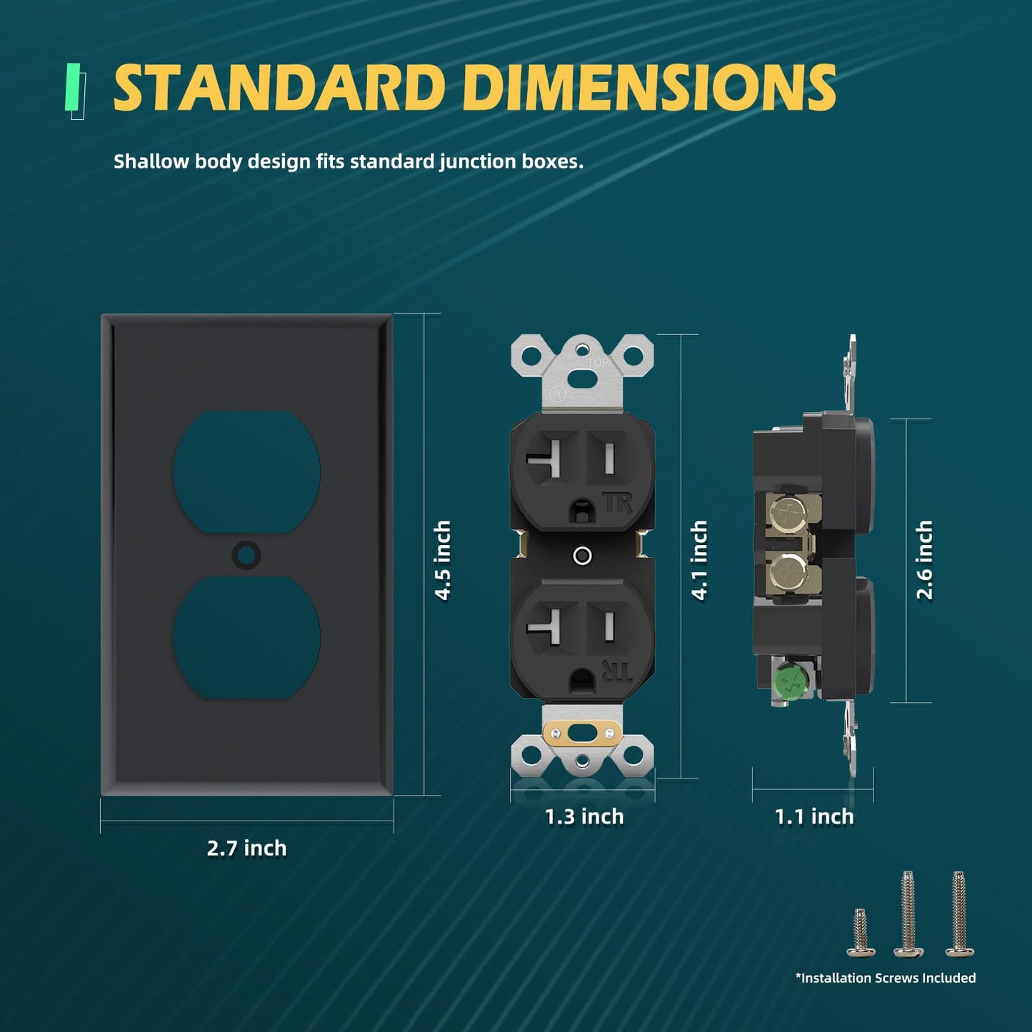 TOPELER Duplex Electrical Outlets, Residential Grade Receptacle Outlet, 20Amp 125V, Self-Grounding, 2-Pole, 3-Wire, Standard Electrical Wall Socket with Wall Plate, UL Listed, Black, 10 Pack