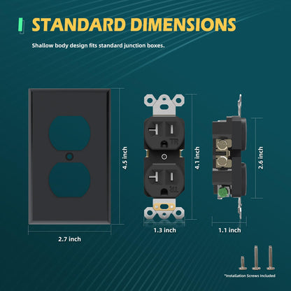 TOPELER Duplex Electrical Outlets, Residential Grade Receptacle Outlet, 20Amp 125V, Self-Grounding, 2-Pole, 3-Wire, Standard Electrical Wall Socket with Wall Plate, UL Listed, Black, 10 Pack